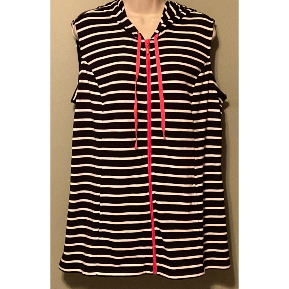 Quacker Factory PINK TRIM Hoodie Womens L Zipper w/Rhinestone Stretch